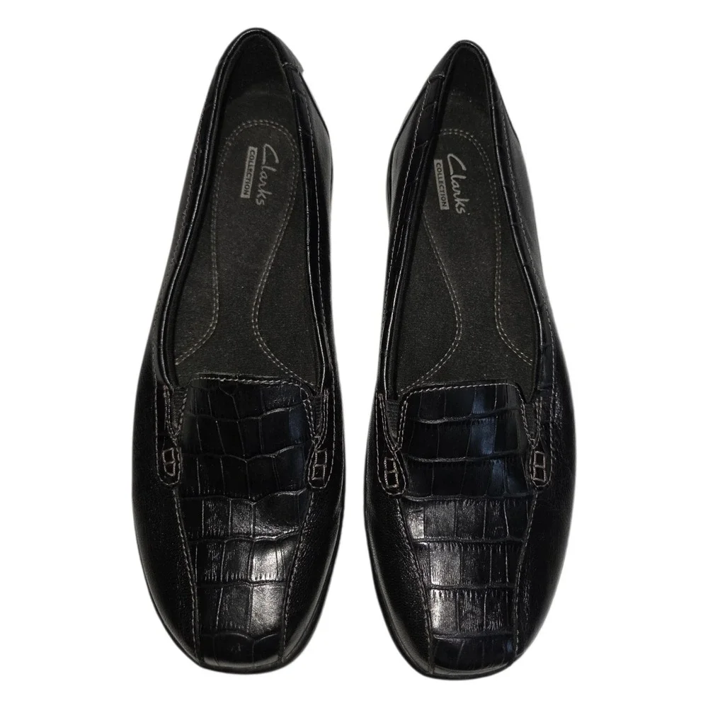 Clarks Collection Black Leather Croc‎ Embossed Loafers Womens 8